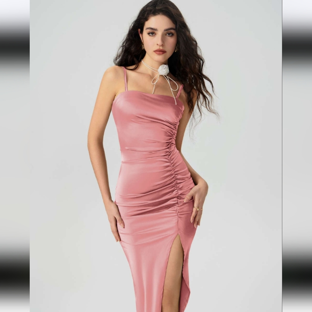 Cider Solid Satin Split Midi Dress XS NWT